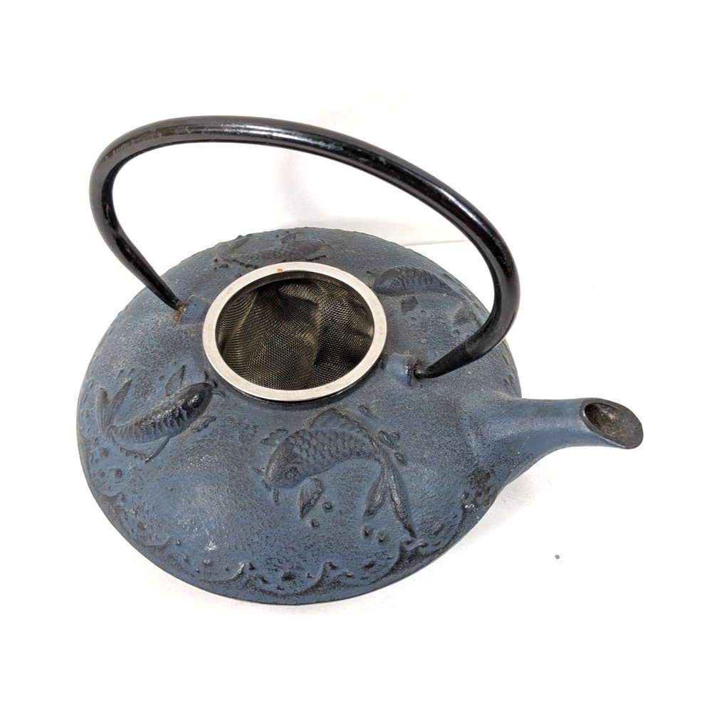 Japanese Vintage 24 Fl Oz Blue Carp Koi Fish Cast Iron Teapot Tetsubin w/ filter